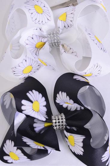 Hair Bow Jumbo Flower Daisy Black White Mix Grosgrain Bow-tie /  12 pcs Bow = Dozen Alligator Clip , Size - 6" x 5" Wide , 6 Black , 6 White Color Asst , Clip Strip and UPC Code