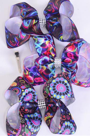 Hair Bow Jumbo Abstract Art Grosgrain Bow-tie / 12 pcs Bow = Dozen  Alligator Clip , Size - 6" x 5" Wide , 4 Of each Pattern Asst , Clip Strip & UPC Code