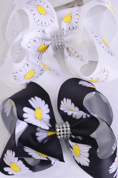 Hair Bow Jumbo Flower Daisy Black White Mix Grosgrain Bow-tie /  12 pcs Bow = Dozen Alligator Clip , Size - 6" x 5" Wide , 6 Black , 6 White Color Asst , Clip Strip and UPC Code