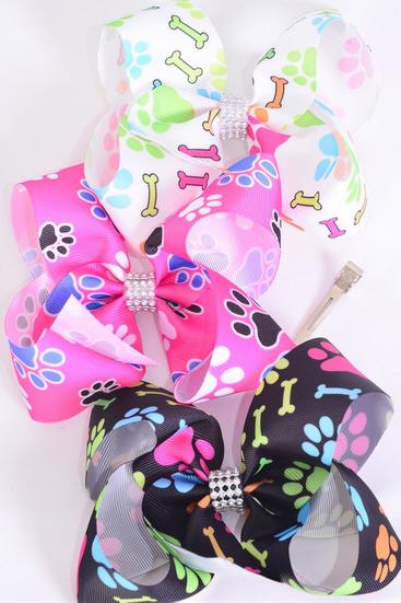 Hair Bow Jumbo Paw Print Dog Bone Mix Grosgrain Bow-tie /  12 pcs Bow = Dozen  Paw Print , Alligator Clip , Bow - 6" x 5" Wide , 4 of each Pattern Asst , Clip Strip & UPC Code