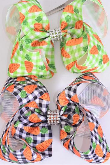 Hair Bow Jumbo Farm Carrot Plaid Grosgrain Bow-tie / 12 pcs Bow = Dozen Alligator Clip , Size - 6" x 5" Wide , 6 of each Pattern Asst , Clip Strip and UPC Code