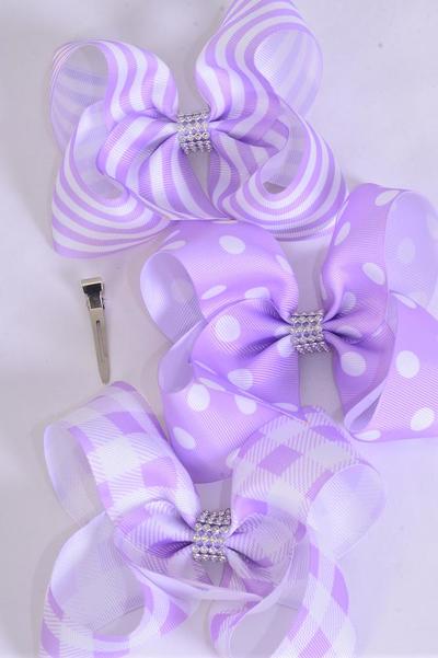 Hair Bow Jumbo Plaid Polka dots Stripe Mix Grosgrain Bow-tie Lavender / 12 pcs Bow = Dozen Lavender , Alligator Clip , Bow - 6" x 5" Wide , 4 of each Pattern Asst , Clip Strip & UPC Code