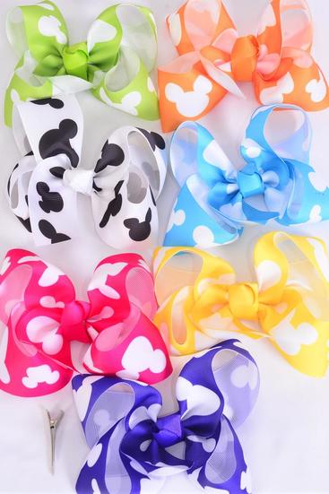 Hair Bow Jumbo Mouse Ear Citrus Grosgrain Bow-tie / 12 pcs Bow = Dozen  Alligator Clip , Size - 6" x 5" Wide , 2 Fuchsia , 2 Blue , 2 White , 2 Purple , 2 Yellow , 1 Orange , 1 Lime Color Asst , Clip Strip & UPC Code