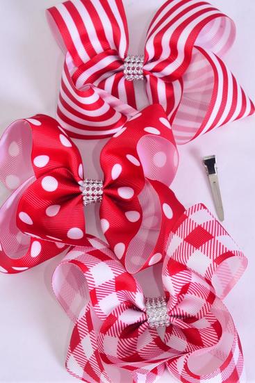 Hair Bow Jumbo Plaid Polka dots Stripe Mix Grosgrain Bow-tie Red / 12 pcs Bow = Dozen Red Mix , Alligator Clip , Bow - 6" x 5" Wide , 4 of each Pattern Asst , Clip Strip & UPC Code