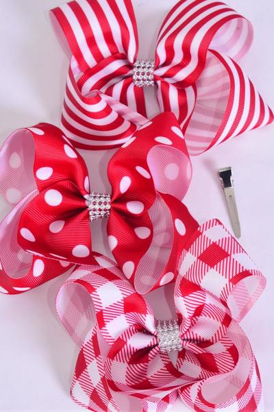 Hair Bow Jumbo Plaid Polka dots Stripe Mix Grosgrain Bow-tie Red / 12 pcs Bow = Dozen Red Mix , Alligator Clip , Bow - 6" x 5" Wide , 4 of each Pattern Asst , Clip Strip & UPC Code