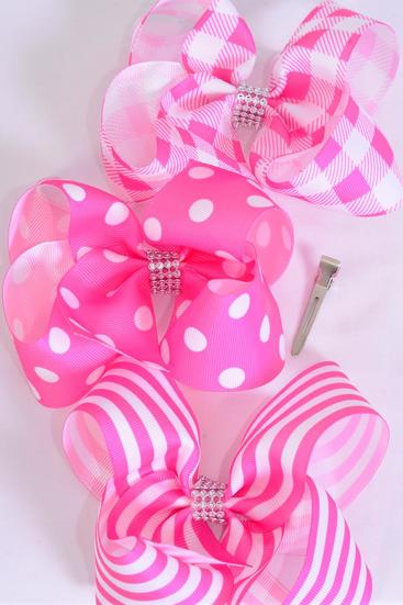 Hair Bow Jumbo Plaid Polka dots Stripe Mix Grosgrain Bow-tie Pink Mix / 12 pcs Bow = Dozen Pink Mix , Alligator Clip , Bow - 6 " x 5" Wide , 4 of each Pattern Asst , Clip Strip & UPC Code