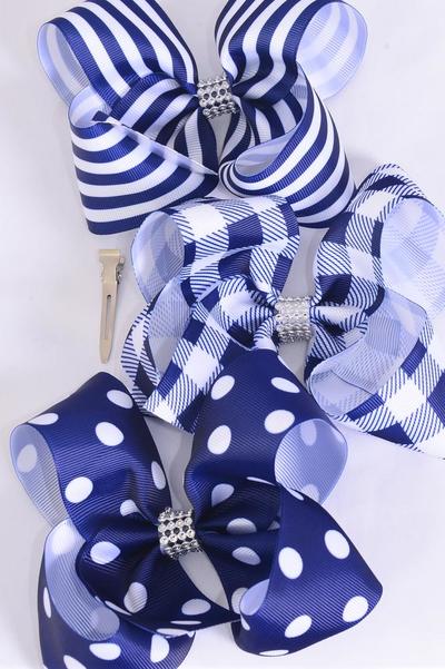 Hair Bow Jumbo Plaid Polka dots Stripe Mix Grosgrain Bow-tie Navy / 12 pcs Bow = Dozen Navy , Alligator Clip , Bow - 6" x 5" Wide , 4 of each Pattern Asst , Clip Strip & UPC Code
