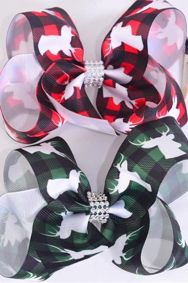 Hair Bow Jumbo Plaid Deer Wildlife Grosgrain Bow-tie / 12 pcs Bow = Dozen Plaid , Alligator Clip , Size - 6" x 5" Wide , 6 Of Each Pattern Asst , Clip Strip & UPC Code