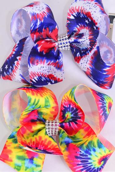 Hair Bow Jumbo Gradient Tiedye Grosgrain Bow-tie / 12 pcs Bow = Dozen  Alligator Clip , Size - 6" x 5" Wide , 6 of each Pattern Asst , Clip Strip & UPC Code