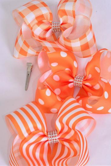 Hair Bow Jumbo Plaid Polka-dots Stripe Mix Grosgrain Bow-tie Orange Mix / 12 pcs Bow = Dozen Orange Mix , Alligator Clip , Bow - 6" x 5" Wide , 4 of each Pattern Asst , Clip Strip & UPC Code