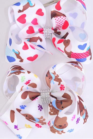 Hair Bow Jumbo Cute Poppy Print Grosgrain Bow-tie / 12 pcs Bow = Dozen   Alligator Clip , Bow - 6" x 5" Wide , 6 of each Pattern Asst , Clip Strip and UPC Code