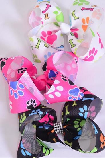 Hair Bow Jumbo Paw Print Dog Bone Mix rosgrain Bow-tie /  12 pcs Bow = Dozen  Alligator Clip , Bow - 6"x 5" Wide , 4 of each Pattern Asst , Clip Strip & UPC Code
