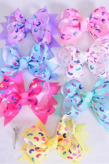 Hair Bow Jumbo Double Layered Jelly Bean Candies Pastel Grosgrain Bow-tie / 12 pcs Bow = Dozen Alligator Clip , Size - 6" x 5" Wide , 2 White , 2 Pink , 2 Hot Pink , 2 Lavender , 2 Mint Green , 1 Yellow , 1 Blue Color Mix , Clip Strip & UPC Code