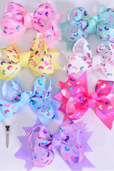 Hair Bow Jumbo Double Layered Jelly Bean Candies Pastel Grosgrain Bow-tie / Dozen Alligator Clip , Size-6"x 5" Wide , 2 White , 2 Pink , 2 Hot Pink , 2 Lavender , 2 Mint Green , 1 Yellow , 1 Blue Color Mix , Clip Strip & UPC Code