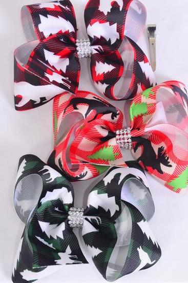 Hair Bow Jumbo Plaid Moose Deer Bear Wolf Etc Wildlife Mix Grosgrain Bow-tie / 12 pcs Bow = Dozen Alligator Clip , Size - 6" x 5" Wide , 4 Of Each Pattern Asst , Clip Strip & UPC Code