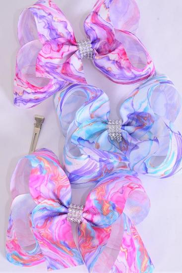 Hair Bow Jumbo Abstract Rainbow Tiedye Water Colors Grosgrain Bow-tie / 12 pcs Bow = Dozen  Alligator Clip , Size - 6" x 5" Wide , 3 Of Each Pattern Asst , Clip Strip & UPC Code