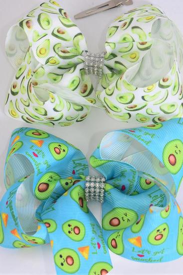 Hair Bow Jumbo Avocadorable Grosgrain Bow-tie / 12 pcs Bow = Dozen Avocado , Alligator Clip , Size - 6" x 5" Wide , 6 Of Each Pattern Asst , Clip Strip & UPC Code