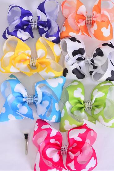 Hair Bow Jumbo Mouse Ear Citrus Grosgrain Bow-tie / 12 pcs Bow = Dozen  Alligator Clip , Size - 6" x 5" Wide , 2 Fuchsia , 2 Blue , 2 White , 2 Purple , 2 Yellow , 1 Orange , 1 Lime Color Asst , Clip Strip & UPC Code