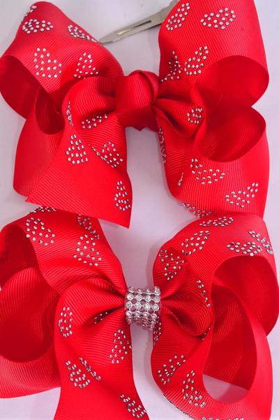 Hair Bow Jumbo Heart Studded Grosgrain Bow-tie Red /  12 Pcs Bow = Dozen Alligator Clip , Size - 6" x 5" Wide , 6 of each Pattern Asst , Clip Strip & UPC Code