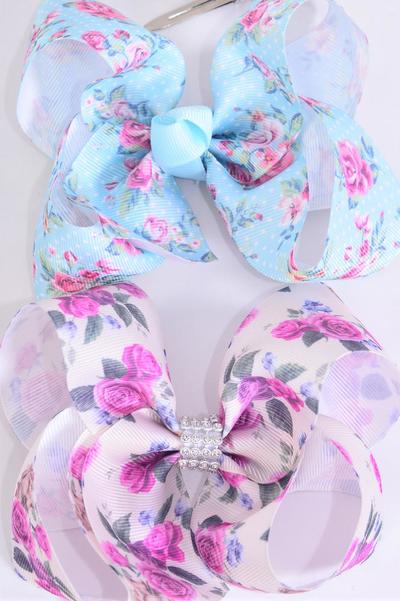  Hair Bow Jumbo Rose Garden Grosgrain Bow-tie / 12 pcs Bow = Dozen  Rose , Alligator Clip , Size - 6" x 5" Wide , 6 of each Pattern Asst , Clip Strip & UPC Code