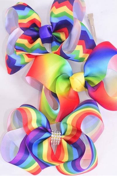 Hair Bow Jumbo Rainbow Tiedye Chevron Stripe pattern Mix Grosgrain Bow-tie / 12 pcs Bow = Dozen  Alligator Clip , Size - 6" x 5" Wide , 4 Of each Pattern Asst , Clip Strip & UPC Code