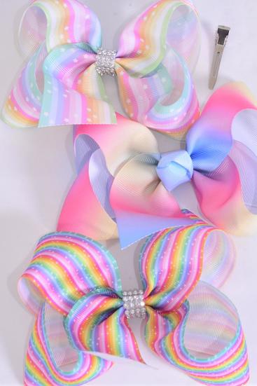 Hair Bow Jumbo Rainbow Star Tiedye Colors Grosgrain Bow-tie / 12 pcs Bow = Dozen   Alligator Clip , Size - 6" x 5" Wide , 4 of each Pattern Asst , Clip Strip & UPC Code
