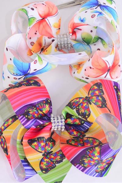Hair Bow Jumbo Butterfly Grosgrain Bow-tie / 12 pcs Bow = Dozen Alligator Clip , Size - 6" x 5" Wide , 6 Of each Pattern Asst , Clip Strip and UPC Code