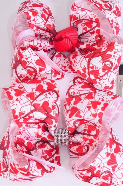 Hair Bow Jumbo Hearts Print Grosgrain Bow-tie / 12 pcs Bow = Dozen Alligator Clip , Size - 6" x 5" Wide , 6 Of Each Pattern Asst , Clip Strip And UPC Code