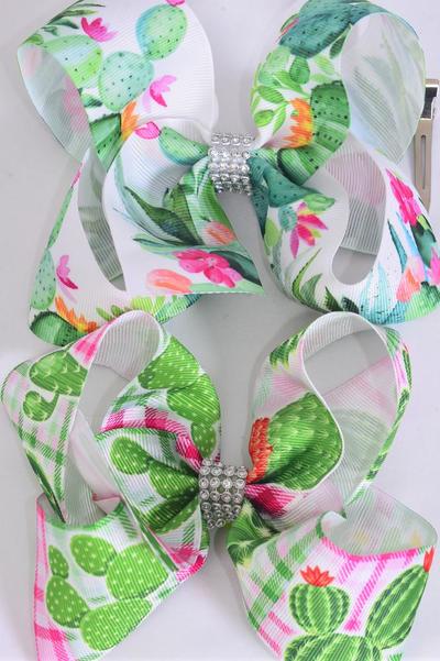 Hair Bow Jumbo Cactus Pattern Mix Grosgrain Bow-tie / 12 pcs Bow = Dozen  Cactus , Alligator Clip , Size - 6" x 5" Wide , 6 Of each Pattern Asst , Clip Strip & UPC Code