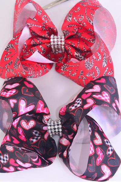 Hair Bow Jumbo Heart Mix Grosgrain Bow-tie / 12 pcs Bow = Dozen Alligator Clip , Size - 6" x 5" Wide , 6 of each Pattern , Clip Strip and UPC Code