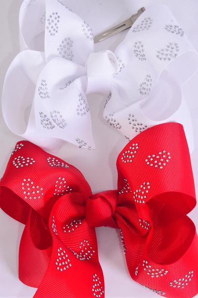 Hair Bow Jumbo Silver Heart Studded Red White Mix Grosgrain Bow-tie / 12 pcs Bow Dozen Alligator Clip , Size - 6" x 5" Wide , 6 of each Pattern Asst , Clip Strip and UPC Code