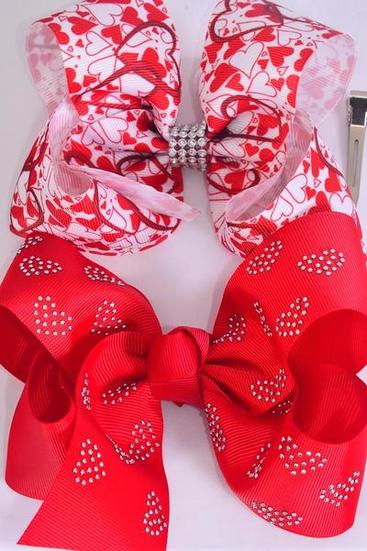 Hair Bow Jumbo Heart Grosgrain Bow-tie / 12 pcs Bow = Dozen Alligator Clip , Size - 6" x 5" Wide , 6 Of Each Pattern Asst , Clip Strip & UPC Code