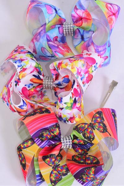 Hair Bow Jumbo Butterfly Grosgrain Bow-tie / 12 pcs Bow = Dozen Alligator Clip ,  Size - 6" x 5" Wide , 4 Of each Pattern Asst , Clip Strip and UPC Code