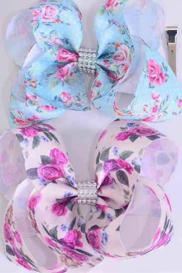  Hair Bow Jumbo Rose Garden Grosgrain Bow-tie / 12 pcs Bow = Dozen  Rose , Alligator Clip , Size - 6" x 5" Wide , 6 of each Pattern Asst , Clip Strip & UPC Code