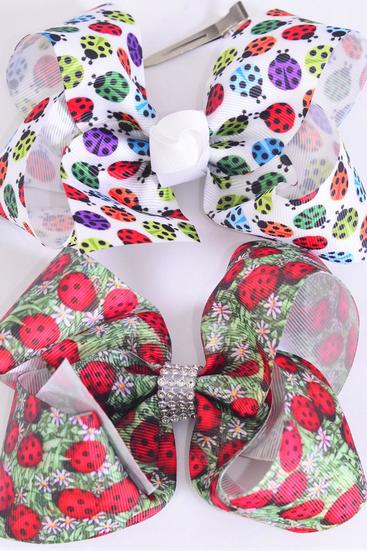 Hair Bow Jumbo Cute Ladybugs Grosgrain Bow-tie / 12 pcs Bow = Dozen  Alligator Clip , Size - 6" x 5" Wide , 6 of each Pattern Asst , Clip Strip & UPC Code
