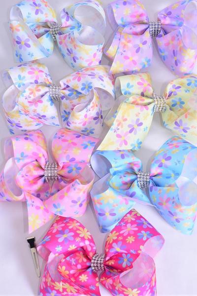 Hair Bow Jumbo Flowers Pastel Grosgrain Bow-tie / 12 pcs Bow = Dozen Alligator Clip , Size - 6" x 5" Wide , 2 White , 2 Pink , 2 Hot Pink , 2 Lavender , 2 Yellow , 1 Blue , 1 Mint Green Color Mix , Clip Strip & UPC Code