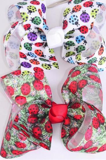 Hair Bow Jumbo Cute Ladybugs Grosgrain Bow-tie / 12 pcs Bow = Dozen  Alligator Clip , Size - 6" x 5" Wide , 6 of each Pattern Asst , Clip Strip & UPC Code