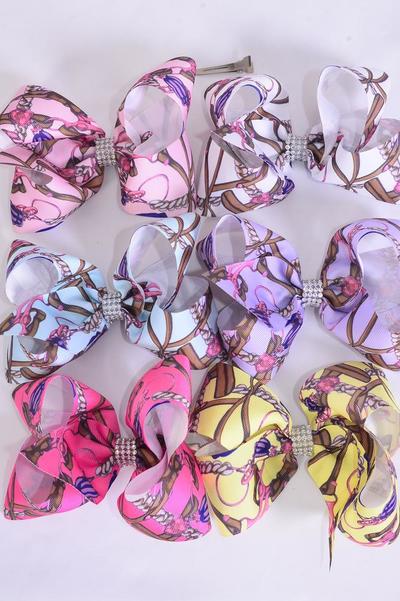Hair Bow Jumbo Tassels & Chains Grosgrain Bow-tie Pastel / 12 pcs Bow = Dozen Size-6"x 5" Wide , Alligator Clip , 2 White , 2 baby Pink , 2 Hot Pink , 2 Lavender ,2 Blue , 2 Yellow Color Mix , Clip Strip & UPC Code