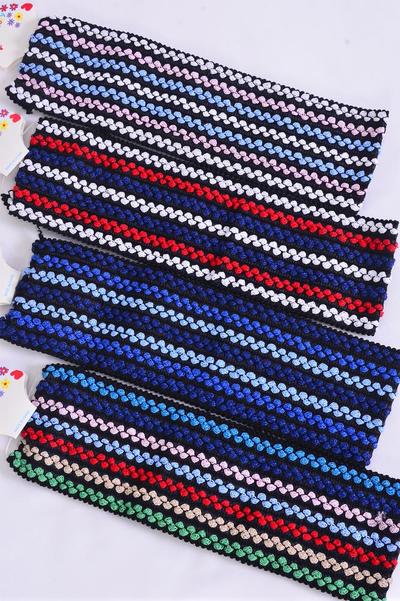 Headband Cotton Stretch Multi / 12 pcs = Dozen Stretch , Weith-3" Wide , 3 of each Pattern Asst , Hang Tag & OPP Bag & UPC Code