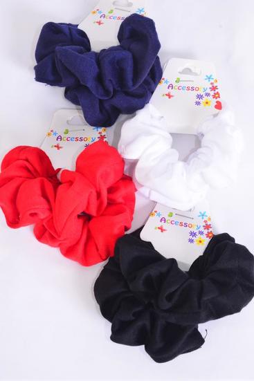 Scrunchies 24 pcs Cotton Stretch / 12 card = Dozen Stretch , 3 Red , 3 White , 3 Black , 3 Navy Pattern Asst , Hang Tag & OPP Bag & UPC Code