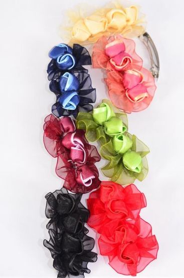 Hair Bow Flower Multi Satin French Clip / 12 pcs Bow = Dozen French Clip , Size-4"x 2.5" Wide ,2 Red ,2 Black ,2 Navy ,2 Burgundy ,2 Purple ,1 Green ,1 Mauve Mix, Hang Tag & Clip Strip