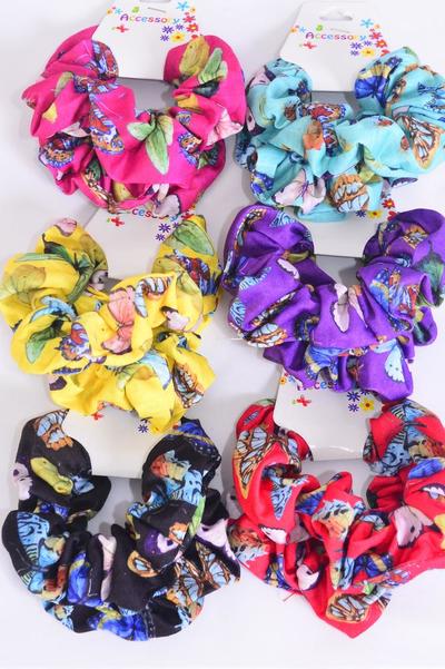 Scrunchies 24 pcs Cotton Stretch Butterfly / 24 pcs =  Dozen  Stretch , 2 Of each Pattern Asst , Hang Tag & OPP Bag & UPC Code