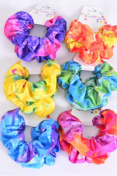 Scrunchies 24 pcs Cotton Stretch Tiedye Water Color Mix / 12 card = Dozen Stretch , 2 Of each Pattern Asst , Hang Tag & OPP Bag & UPC Code