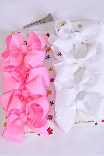 Hair Bows 48 pcs Grosgrain Bow-tie Hot Pink White Mix /  12 card = Dozen Alligator Clip , Bow Size-3"x 2" Wide , 6 of each Color Asst , 4 pcs per card , 12 card = Dozen