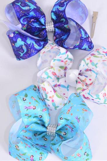 Hair Bow Jumbo Mermaid Under The Sea Grosgrain Bow-tie /  12 pcs Bow = Dozen  Mermaid , Alligator Clip , Bow - 6" x 5" Wide , 4 of each Pattern Asst , Clip Strip & UPC Code