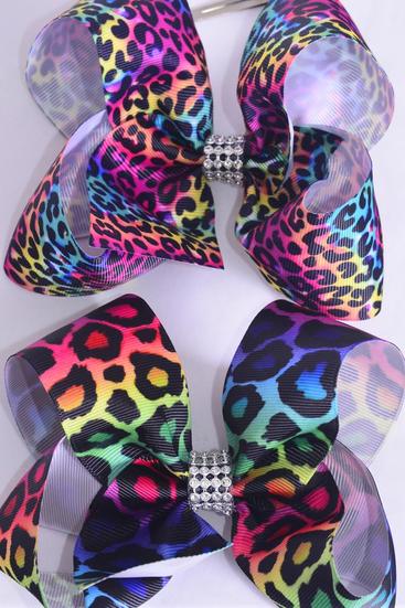 Hair Bow Jumbo Leopard Pattern Asst Grosgrain Bow-tie / 12 pcs Bow = Dozen Leopard , Alligator Clip , Size - 6" x 5" Wide , 6 Of Each Pattern Asst , Clip Strip & UPC Code