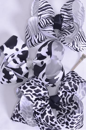 Hair Bow Jumbo Cow Zebra Leopard Pattern Mix Grosgrain Bow-tie / 12 pcs Bow = Dozen Alligator Clip , Size - 6" x 5" Wide , 4 of each Pattern Asst , Clip Strip & UPC Code