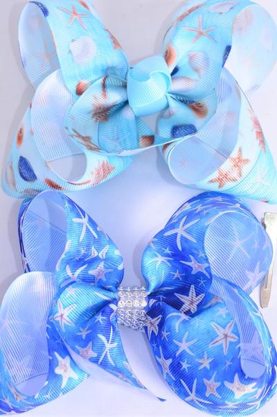 Hair Bow Jumbo Seashell Starfish Pattern Mix Grosgrain Bow-tie / 12 pcs Bow = Dozen  Alligator Clip , Bow - 6" x 5" Wide , 6 of each Pattern Asst , Clip Strip & UPC Code