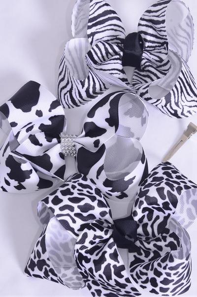 Hair Bow Jumbo Cow Zebra Leopard Pattern Mix Grosgrain Bow-tie / 12 pcs Bow = Dozen Alligator Clip , Size - 6" x 5" Wide , 4 of each Pattern Asst , Clip Strip & UPC Code