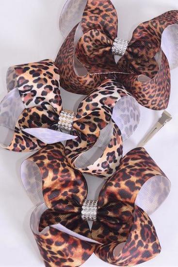 Hair Bow Jumbo Leopard Pattern Mix Grosgrain Bow-tie / 12 pcs Bow = Dozen Alligator Clip , Size-6"x 5" Wide , 4 of each Pattern , Clip Strip & UPC Code